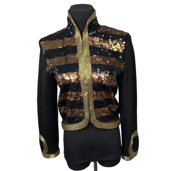 VTG Semplice Heavily Beaded Sequin Cropped Wool Cardigan Sweater Womens Small - Picture 1 of 16